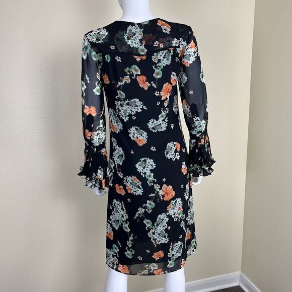 Mikael Aghal Women's Size 2 Floral Ruffle Pleated Sheer Dress Chiffon Victorian - Picture 5 of 13